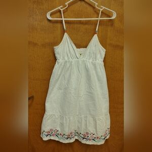 Roxy White Linen Blend Lined Sundress with Embroidered Hem